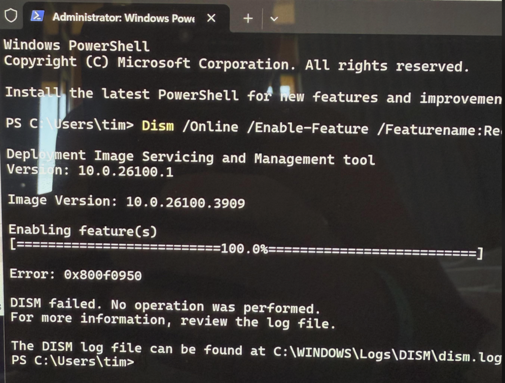 Windows Recall error message when enabling recall. Error 0x800f0950