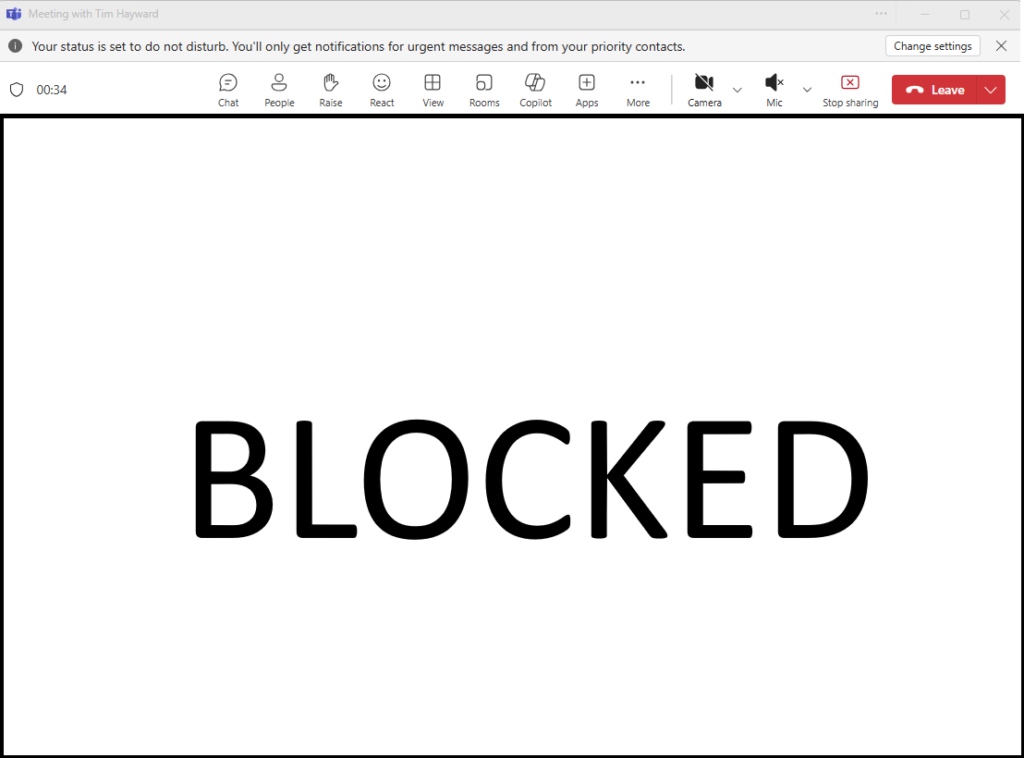 Image of a Teams with a blocked screen capture.