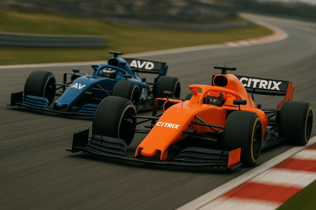 two vehicles in a race, Citrix leading with AVD close behind
